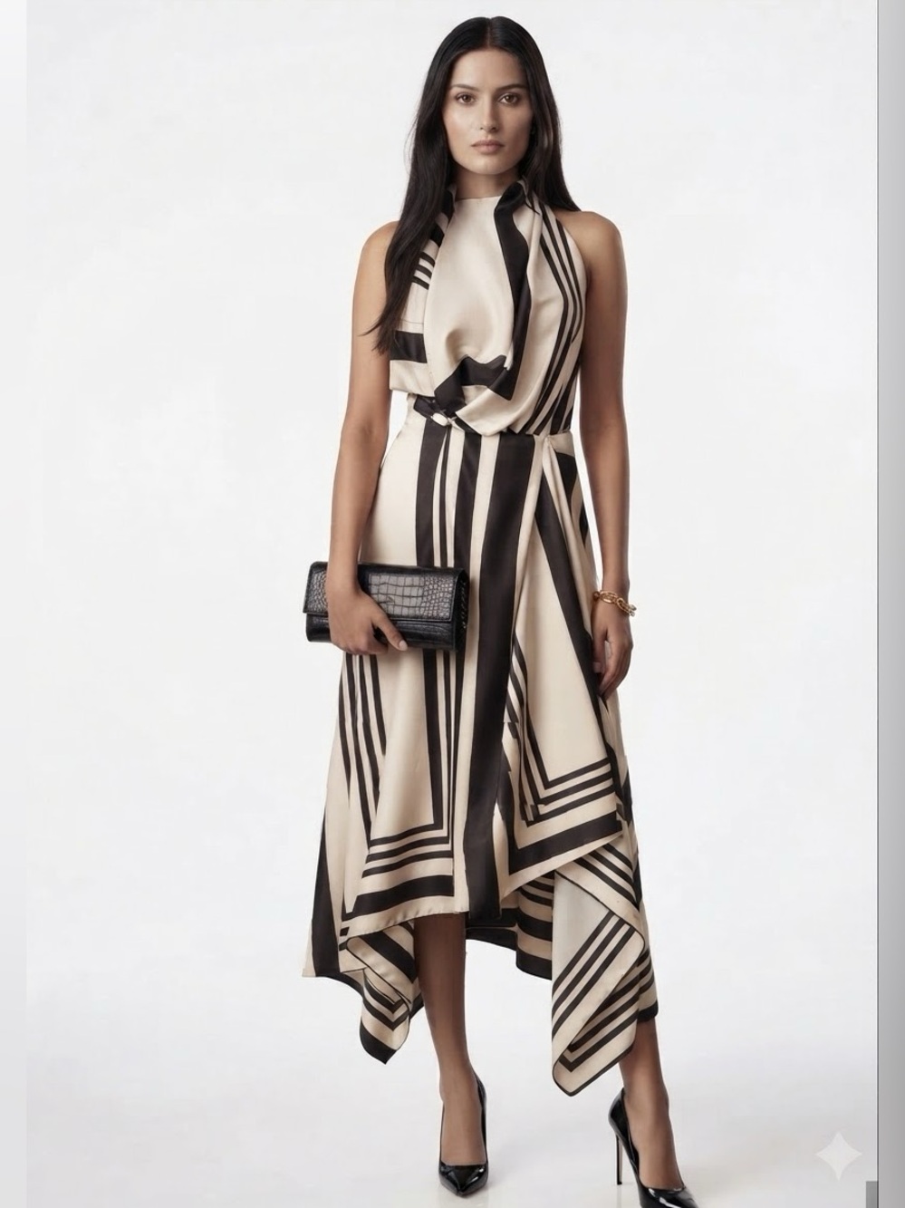 ASOS Elegant Black & Cream Halter High Low Hem Dress